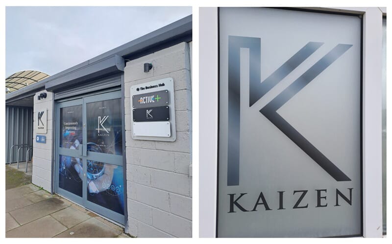 An image collage of the Kaizen Active+ exterior signage and window signage.